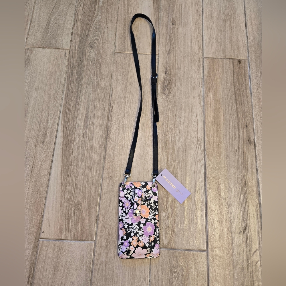 Madden Girl Floral Crossbody Phone Bag - Black with Pink & Peach Flowers